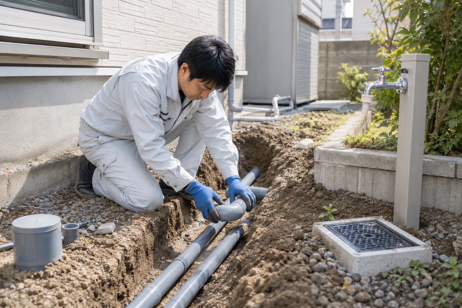 屋外の給排水管工事